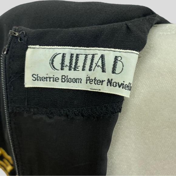 Vintage 80s 90s Chetta B Black Linen Blend Gold Embroidered Greek Key Dress - Picture 5 of 7